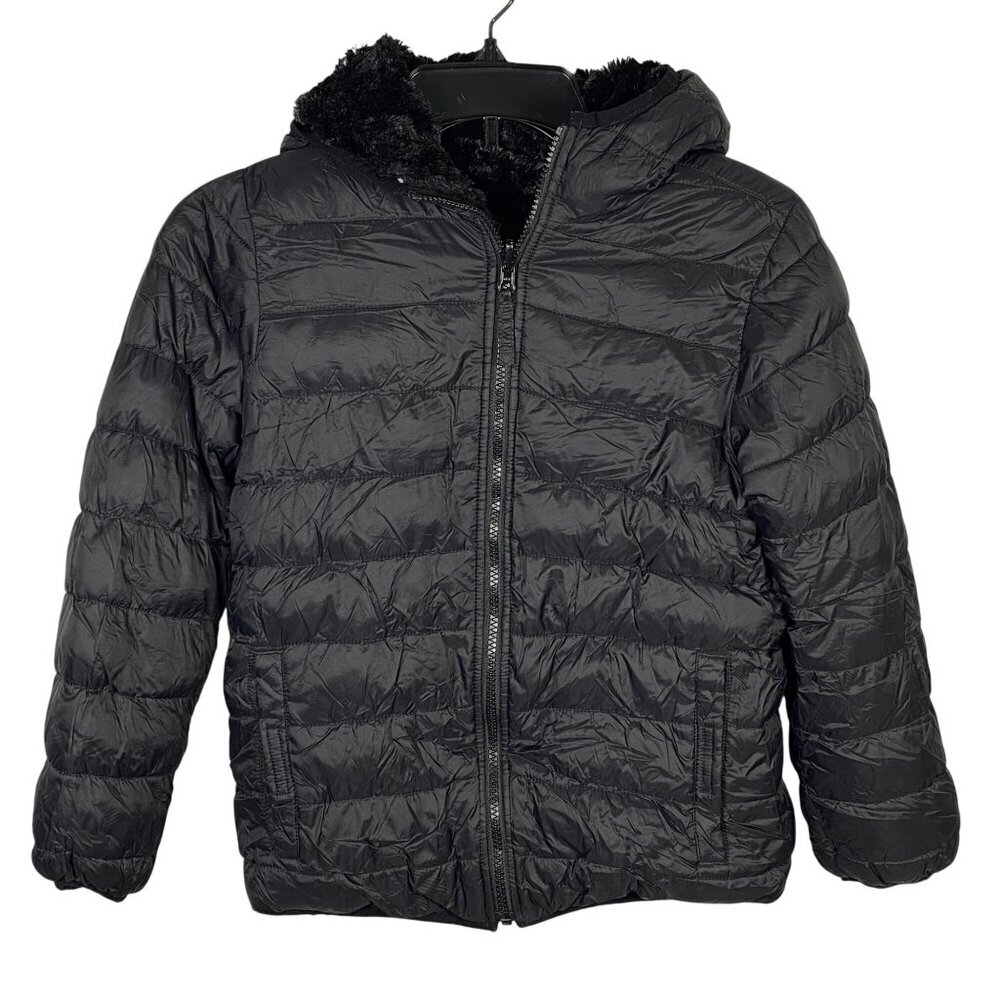 Lands End Kids Reversible Hooded Puffer Jacket Size L 10-12 Black Faux Fur